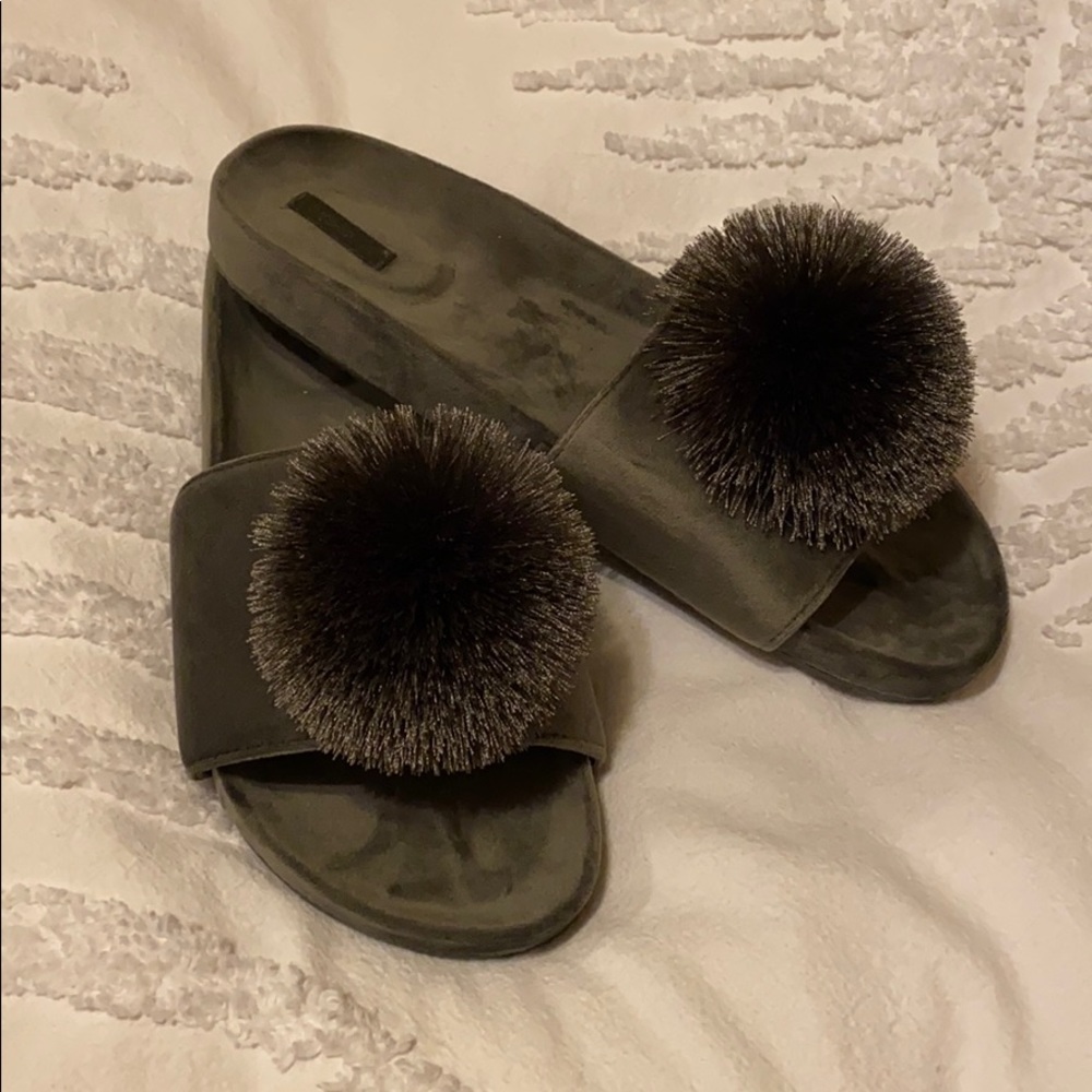Olive green slides sandals with Pom Poms